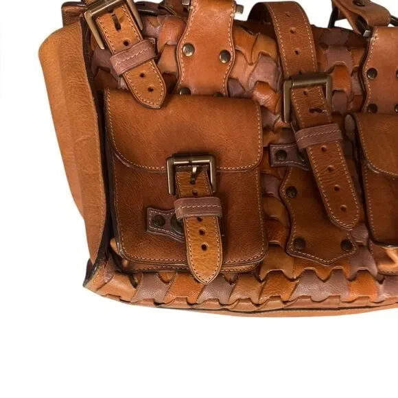 Mulberry Camel Cognac & Taupe Interlocking Woven Leather Roxanne Tote Bag Y2K - Picture 10 of 16